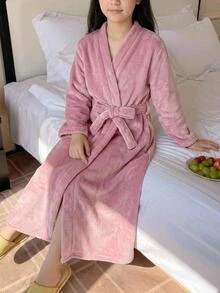 SHEIN Jubah Anak Perempuan Remaja Musim Gugur/Dingin, Bahan Lembut, Warna Coral, Termal, Bagian Depan Terbuka, Ikat Pita, Berlapisan Termal, Tebal, Potongan Longgar, Warna Merah Muda Pucat - Dusty Pink - View 1
