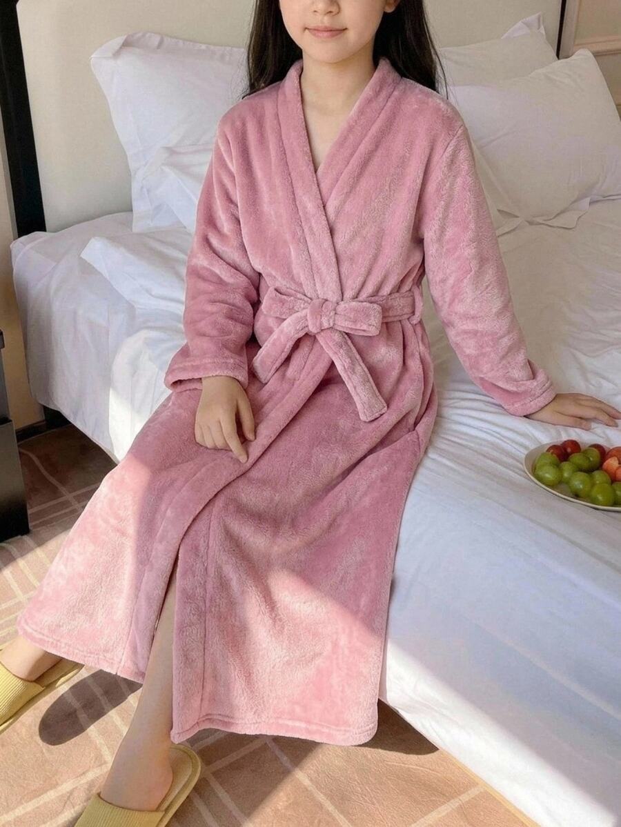 SHEIN Jubah Anak Perempuan Remaja Musim Gugur/Dingin, Bahan Lembut, Warna Coral, Termal, Bagian Depan Terbuka, Ikat Pita, Berlapisan Termal, Tebal, Potongan Longgar, Warna Merah Muda Pucat - Dusty Pink - View 1