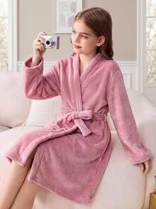 SHEIN Jubah Anak Perempuan Remaja Musim Gugur/Dingin, Bahan Lembut, Warna Coral, Termal, Bagian Depan Terbuka, Ikat Pita, Berlapisan Termal, Tebal, Potongan Longgar, Warna Merah Muda Pucat - Dusty Pink - View 6