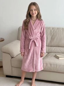 SHEIN Jubah Anak Perempuan Remaja Musim Gugur/Dingin, Bahan Lembut, Warna Coral, Termal, Bagian Depan Terbuka, Ikat Pita, Berlapisan Termal, Tebal, Potongan Longgar, Warna Merah Muda Pucat - Dusty Pink - View 7