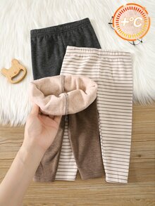 SHEIN 中性嬰兒男孩/女孩幼兒 3件組秋冬保暖內裡加厚休閒可愛純色與條紋內搭褲，嬰兒冬季下身褲，聖誕 - 咖啡棕 - 查看 3