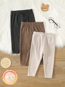 SHEIN 中性嬰兒男孩/女孩幼兒 3件組秋冬保暖內裡加厚休閒可愛純色與條紋內搭褲，嬰兒冬季下身褲，聖誕 - 咖啡棕 - 查看 6