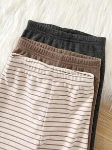 SHEIN 中性嬰兒男孩/女孩幼兒 3件組秋冬保暖內裡加厚休閒可愛純色與條紋內搭褲，嬰兒冬季下身褲，聖誕 - 咖啡棕 - 查看 4