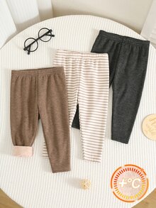 SHEIN 中性嬰兒男孩/女孩幼兒 3件組秋冬保暖內裡加厚休閒可愛純色與條紋內搭褲，嬰兒冬季下身褲，聖誕 - 咖啡棕 - 查看 7