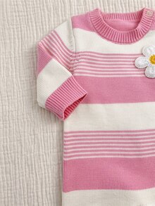 SHEIN 新生兒嬰兒 3D 花卉裝飾針織秋冬連身衣 - 粉色 - 查看 5