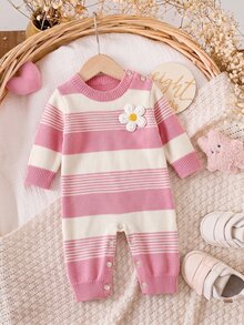 SHEIN 新生兒嬰兒 3D 花卉裝飾針織秋冬連身衣 - 粉色 - 查看 4