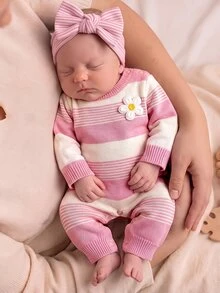 SHEIN 新生兒嬰兒 3D 花卉裝飾針織秋冬連身衣 - 粉色 - 查看 3