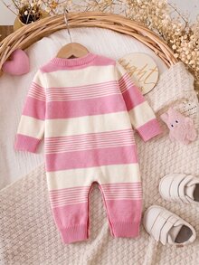 SHEIN 新生兒嬰兒 3D 花卉裝飾針織秋冬連身衣 - 粉色 - 查看 2