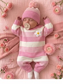 SHEIN 新生兒嬰兒 3D 花卉裝飾針織秋冬連身衣 - 粉色 - 查看 7