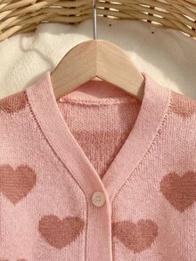 SHEIN Baby Girl Girls Cute Lightweight Autumn Winter Sweater Cardigan Featuring An Allover Heart Pattern And Ribbed Trim, - Pink - View 4