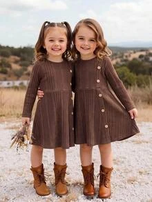 SHEIN Babygirl Cute Casual Brown Long Sleeve Autumn Dress - Grey - View 3