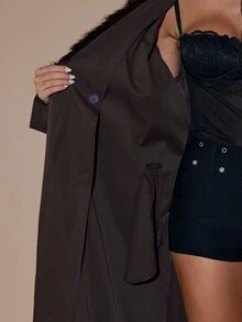 SHEIN BAE معطف ترنش طويل للنساء بأكمام طويلة وياقة فرو بتصميم باتشوورك وأزرار مزدوجة - ارجواني بنفسجي - مشاهدة 8
