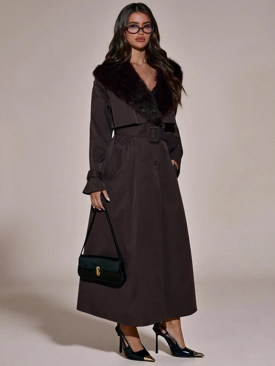 SHEIN BAE معطف ترنش طويل للنساء بأكمام طويلة وياقة فرو بتصميم باتشوورك وأزرار مزدوجة - ارجواني بنفسجي - مشاهدة 1