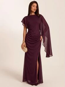 SHEIN BAE Fall Winter Wine Red Asymmetric Draped Sleeve Deep V Backless Slim Dress Elegant Evening Gown - Brown - View 1