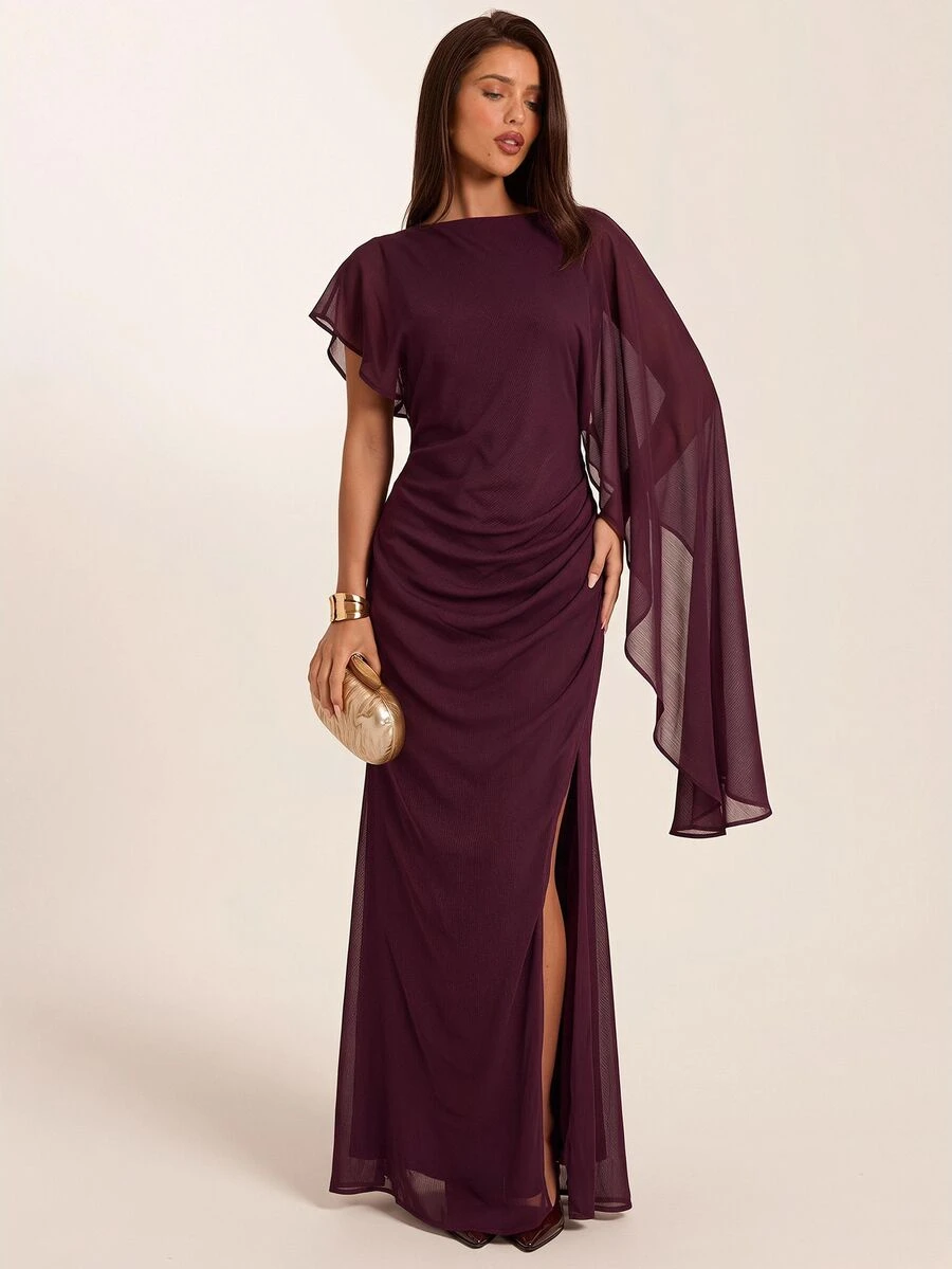 SHEIN BAE Fall Winter Wine Red Asymmetric Draped Sleeve Deep V Backless Slim Dress Elegant Evening Gown - Brown - View 1