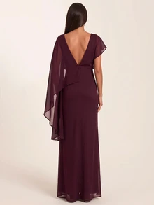 SHEIN BAE Fall Winter Wine Red Asymmetric Draped Sleeve Deep V Backless Slim Dress Elegant Evening Gown - Brown - View 2