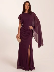 SHEIN BAE Fall Winter Wine Red Asymmetric Draped Sleeve Deep V Backless Slim Dress Elegant Evening Gown - Brown - View 3
