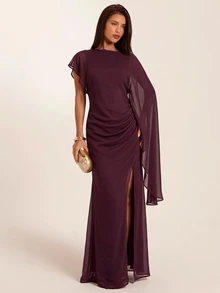 SHEIN BAE Fall Winter Wine Red Asymmetric Draped Sleeve Deep V Backless Slim Dress Elegant Evening Gown - Brown - View 5