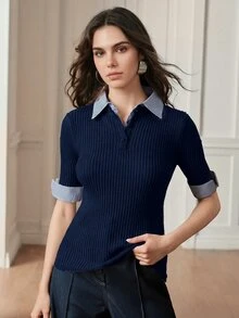 Anewsta Atasan Rajut Wanita Abu-abu Modern 2 in 1 yang Nyaman dan Serbaguna - Navy Blue - View 7