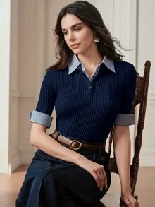 Anewsta Atasan Rajut Wanita Abu-abu Modern 2 in 1 yang Nyaman dan Serbaguna - Navy Blue - View 4