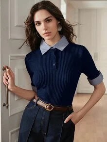 Anewsta Atasan Rajut Wanita Abu-abu Modern 2 in 1 yang Nyaman dan Serbaguna - Navy Blue - View 3