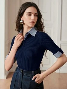Anewsta Atasan Rajut Wanita Abu-abu Modern 2 in 1 yang Nyaman dan Serbaguna - Navy Blue - View 6