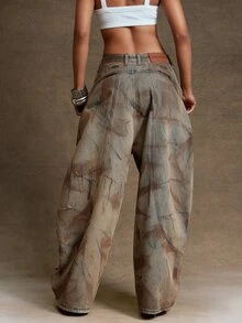 Denimoi Wide Barrel Leg Unique Washed Denim Jeans Fashionable Streetwear - Medium Wash - View 3