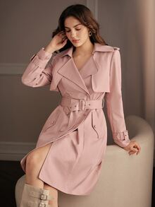 Anewsta 秋冬新款休閒極簡通勤日常百搭素色蓮花粉長袖女款長版風衣外套附腰帶 - 藕粉色 - 查看 5
