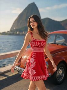 CAJUNI Women's Floral Print Casual Daily Summer Mini Camisole Dress - Red - View 1