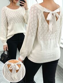 SHEIN LUNE CURVE Plus Size Women's Autumn/Winter White Off-Shoulder Hollow Knit Sweater, Back Bowknot Open Back Loose Pullover, Suitable For Party, Daily Outing And Other Occasions - White - View 2