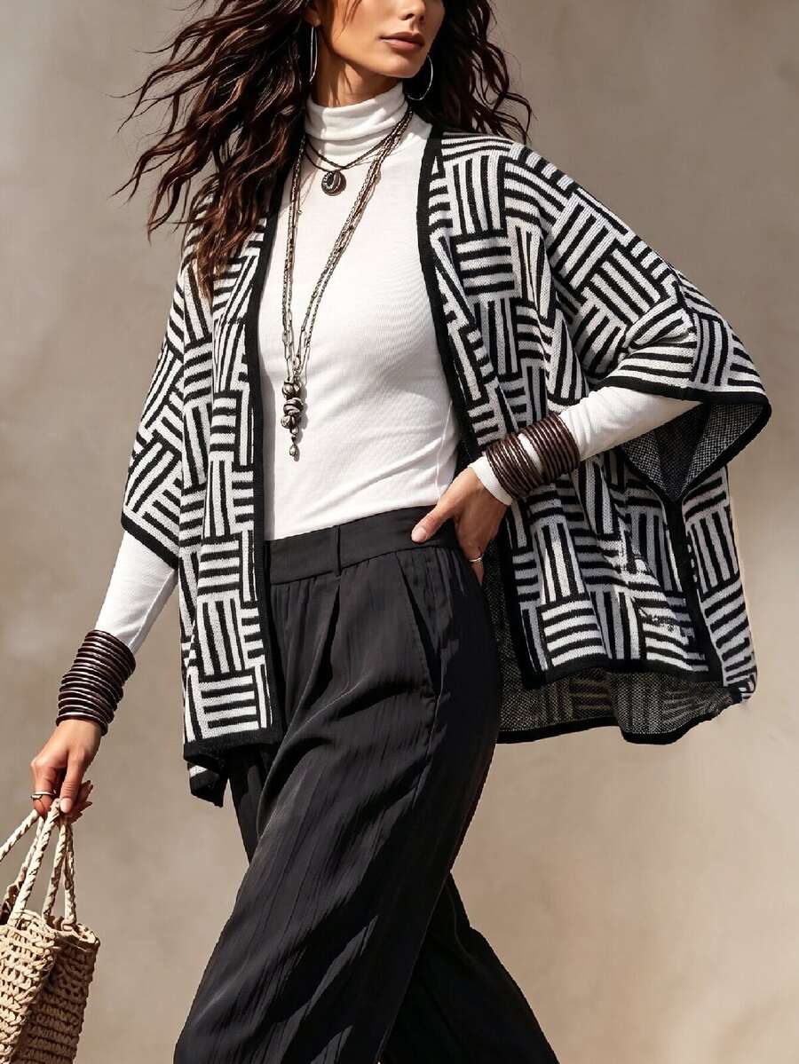 GlowEve CURVE Plus Size Women's Autumn/Winter Fashion Versatile Color Block Black & White Cardigan Sweater, Suitable For Casual, Daily Outings And More - Black and White - View 1