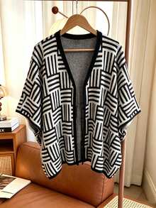 GlowEve CURVE Plus Size Women's Autumn/Winter Fashion Versatile Color Block Black & White Cardigan Sweater, Suitable For Casual, Daily Outings And More - Black and White - View 5