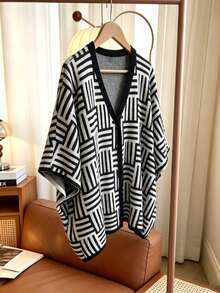 GlowEve CURVE Plus Size Women's Autumn/Winter Fashion Versatile Color Block Black & White Cardigan Sweater, Suitable For Casual, Daily Outings And More - Black and White - View 2