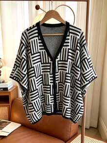 GlowEve CURVE Plus Size Women's Autumn/Winter Fashion Versatile Color Block Black & White Cardigan Sweater, Suitable For Casual, Daily Outings And More - Black and White - View 7