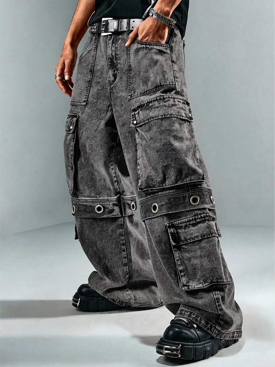 ROMWE MEN Street Life Men's Casual Straight Leg Denim Jeans With Pocket, Button And Eyelet Decor For Daily Wear - Grey - View 1
