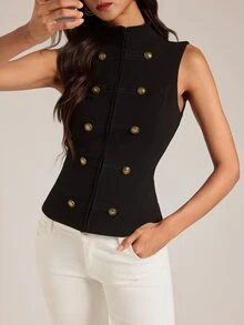 SHEIN Tall Napoleon-Style Elegant Preppy Vintage Collegiate Business Jacket For Tall Women Night Out Going Out Black And Gold Fall - Black - View 5