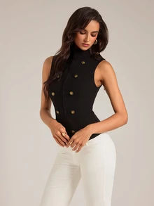 SHEIN Tall Napoleon-Style Elegant Preppy Vintage Collegiate Business Jacket For Tall Women Night Out Going Out Black And Gold Fall - Black - View 7