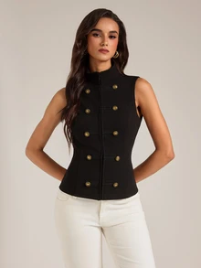 SHEIN Tall Napoleon-Style Elegant Preppy Vintage Collegiate Business Jacket For Tall Women Night Out Going Out Black And Gold Fall - Black - View 3