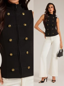 SHEIN Tall Napoleon-Style Elegant Preppy Vintage Collegiate Business Jacket For Tall Women Night Out Going Out Black And Gold Fall - Black - View 4