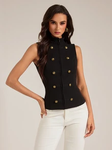 SHEIN Tall Napoleon-Style Elegant Preppy Vintage Collegiate Business Jacket For Tall Women Night Out Going Out Black And Gold Fall - Black - View 8