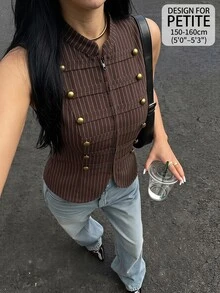 SHEIN PETITE Women's Elegant Fringe 70s Retro Black Double-Breasted Zipper Jacket Office Party Summer - Brown - View 1