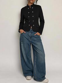 SHEIN PETITE Women's Solid Color Casual Versatile Daily Long Sleeve Jacket - Black - View 4