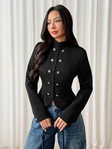 SHEIN PETITE Women's Solid Color Casual Versatile Daily Long Sleeve Jacket - Black - View 7