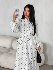 SHEIN PETITE Women's Drawstring Button Long Sleeve Top Black White Polka Dot Skirt Two Pieces Set Tea Party Garden Winter Modest Elegant,Petite Women - Apricot - View 6