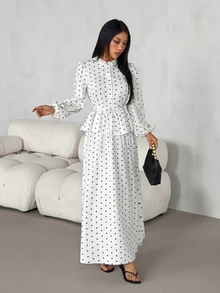 SHEIN PETITE Women's Drawstring Button Long Sleeve Top Black White Polka Dot Skirt Two Pieces Set Tea Party Garden Winter Modest Elegant,Petite Women - Apricot - View 3