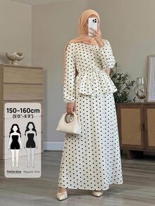 SHEIN PETITE Women's Drawstring Button Long Sleeve Top Black White Polka Dot Skirt Two Pieces Set Tea Party Garden Winter Modest Elegant,Petite Women - Apricot - View 10