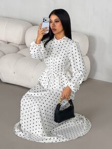 SHEIN PETITE Women's Drawstring Button Long Sleeve Top Black White Polka Dot Skirt Two Pieces Set Tea Party Garden Winter Modest Elegant,Petite Women - Apricot - View 8
