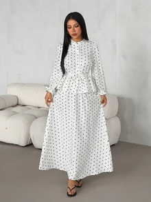 SHEIN PETITE Women's Drawstring Button Long Sleeve Top Black White Polka Dot Skirt Two Pieces Set Tea Party Garden Winter Modest Elegant,Petite Women - Apricot - View 5
