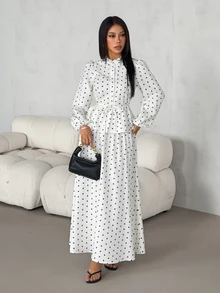 SHEIN PETITE Women's Drawstring Button Long Sleeve Top Black White Polka Dot Skirt Two Pieces Set Tea Party Garden Winter Modest Elegant,Petite Women - Apricot - View 7