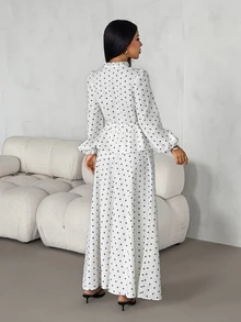SHEIN PETITE Women's Drawstring Button Long Sleeve Top Black White Polka Dot Skirt Two Pieces Set Tea Party Garden Winter Modest Elegant,Petite Women - Apricot - View 2